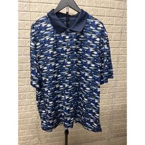 Amazon Essentials‎ Mens Fish Print Short Sleeve Polo Shirt Blue White XXL
